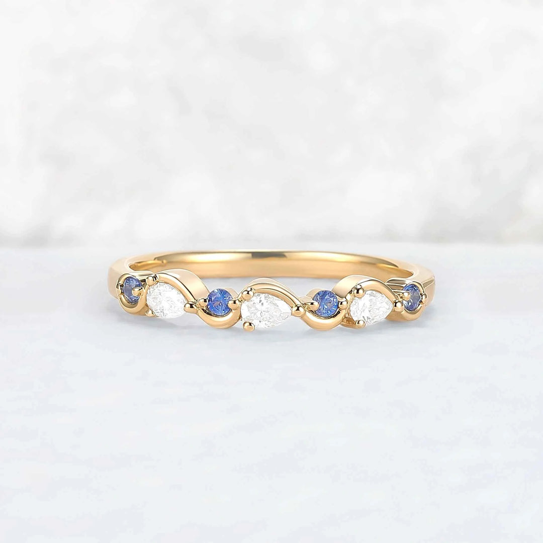 Straight Cornflower Sapphire and Moissanite Half Eternity Wedding Ring