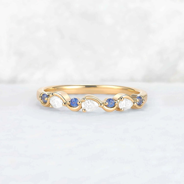 Straight Cornflower Sapphire and Moissanite Half Eternity Wedding Ring