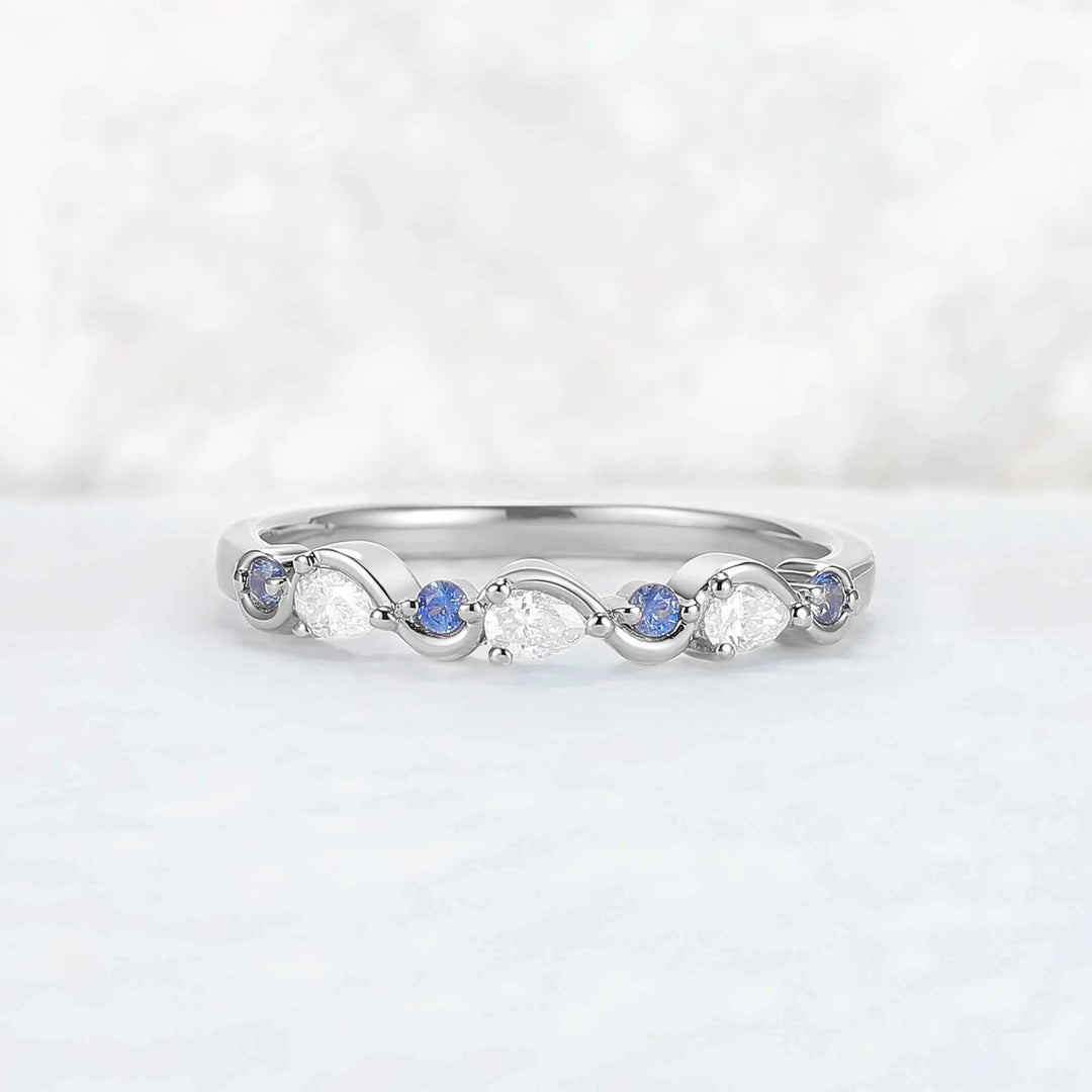 Straight Cornflower Sapphire and Moissanite Half Eternity Wedding Ring