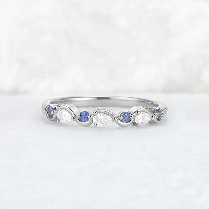 Straight Cornflower Sapphire and Moissanite Half Eternity Wedding Ring