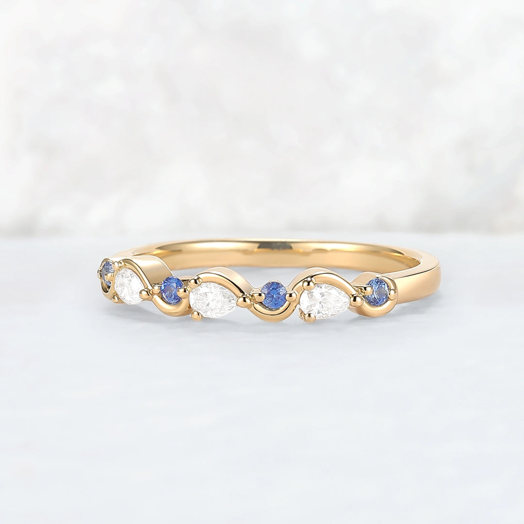 Straight Cornflower Sapphire and Moissanite Half Eternity Wedding Ring