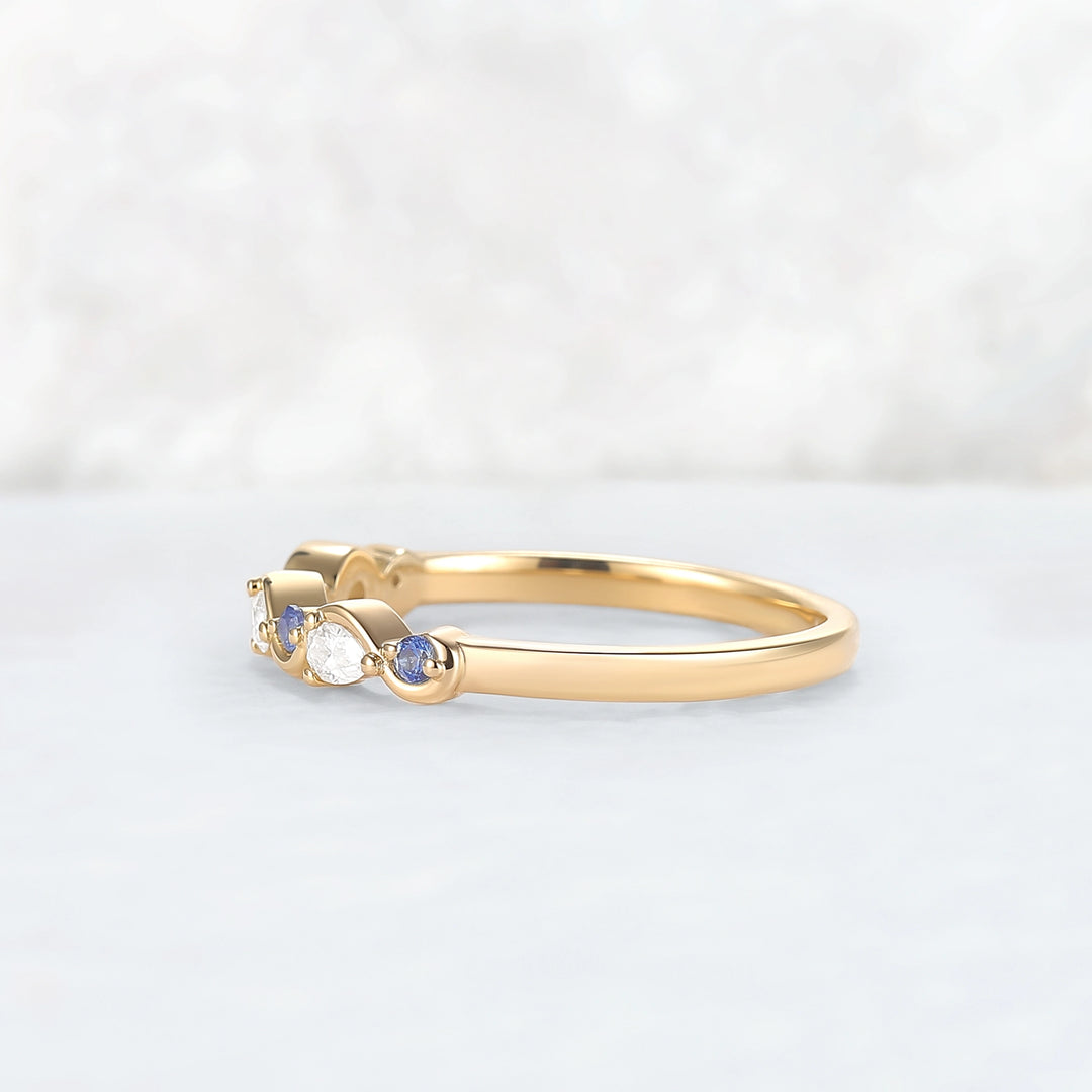 Straight Cornflower Sapphire and Moissanite Half Eternity Wedding Ring