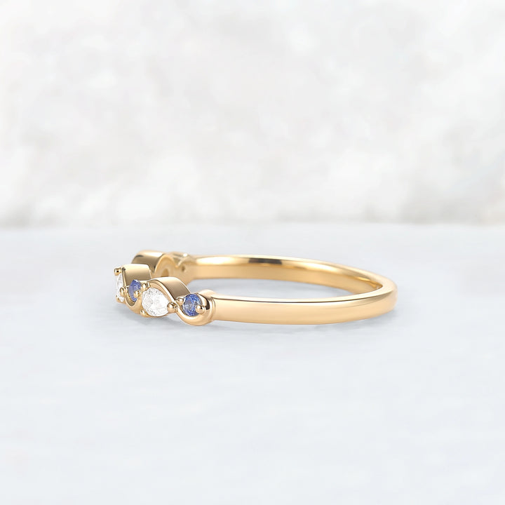 Straight Cornflower Sapphire and Moissanite Half Eternity Wedding Ring