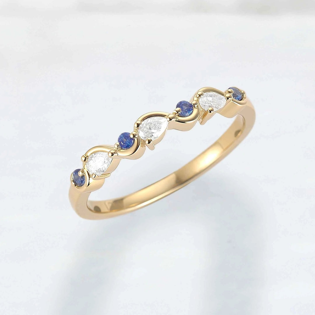 Straight Cornflower Sapphire and Moissanite Half Eternity Wedding Ring
