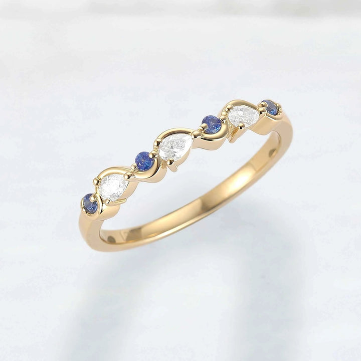 Straight Cornflower Sapphire and Moissanite Half Eternity Wedding Ring