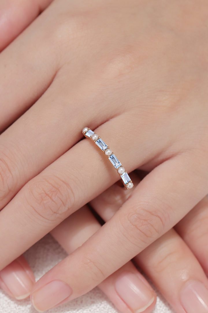 Straight Emerald Cut Aquamarine and Pearl Half Enternity Wedding Band