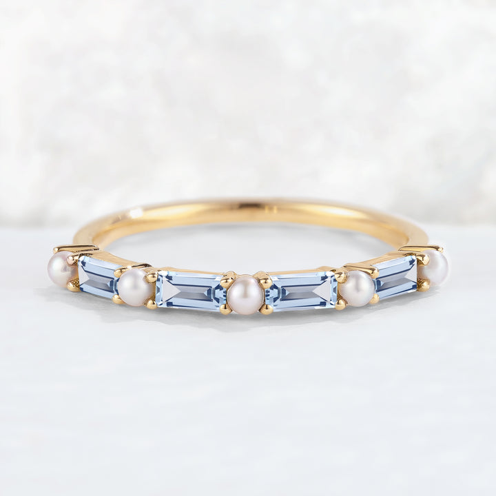 Straight Emerald Cut Aquamarine and Pearl Half Enternity Wedding Band