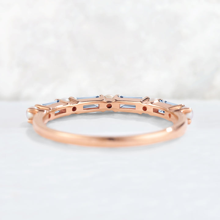 Straight Emerald Cut Aquamarine and Pearl Half Enternity Wedding Band