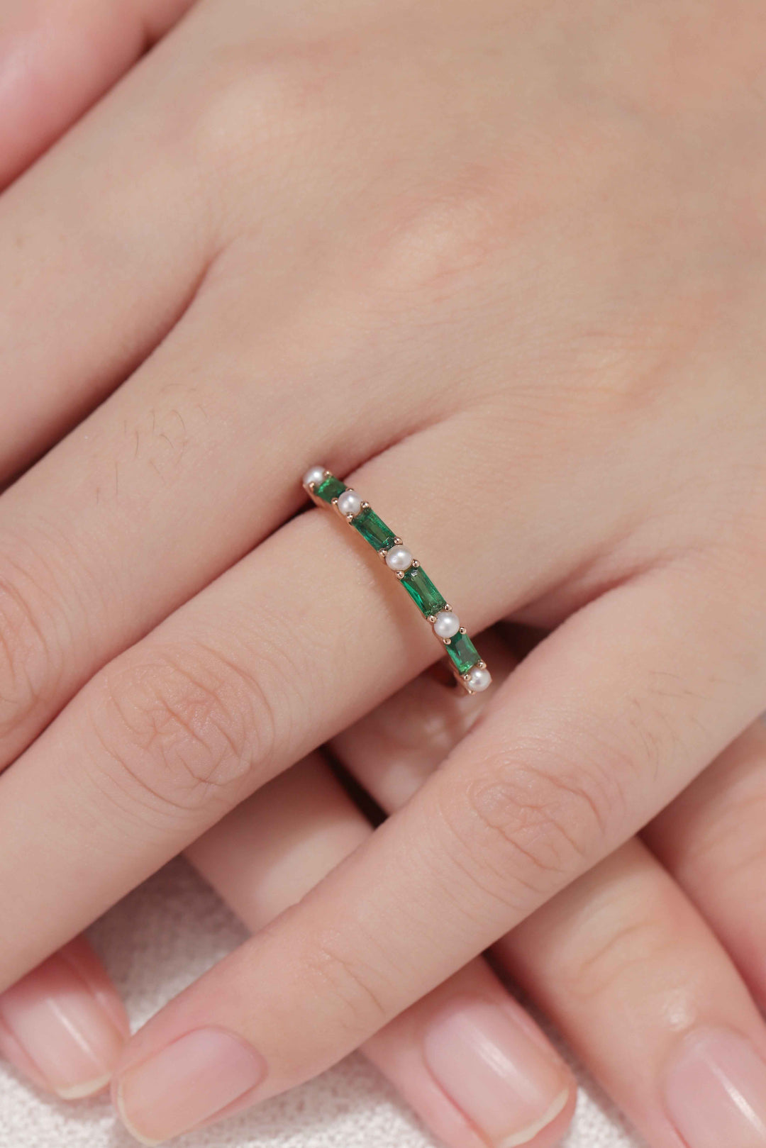 Straight Emerald Cut Emerald Pearl Half Enternity Wedding Band