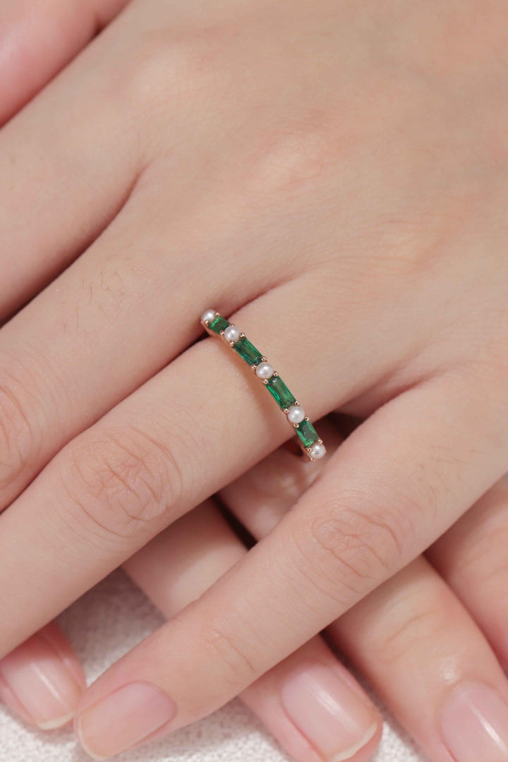 Straight Emerald Cut Emerald Pearl Half Enternity Wedding Band
