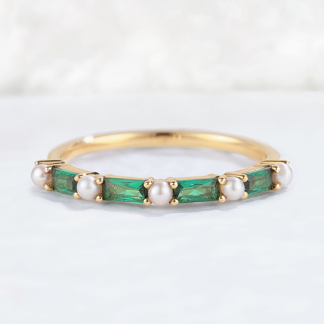 Straight Emerald Cut Emerald Pearl Half Enternity Stacking Ring