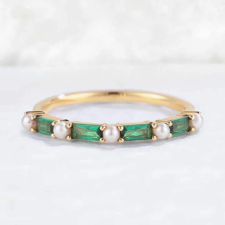 Straight Emerald Cut Emerald Pearl Half Enternity Stacking Ring