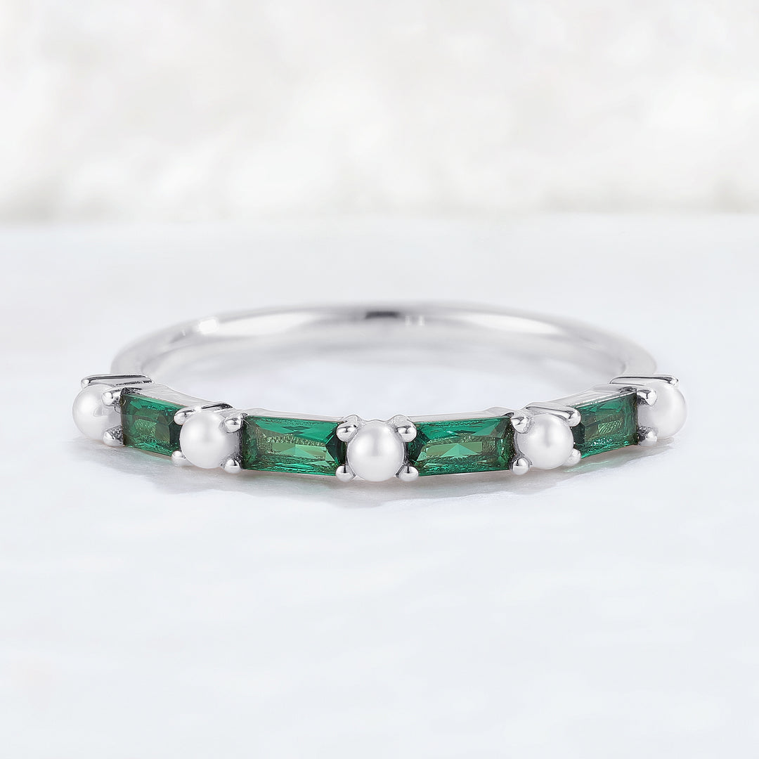 Straight Emerald Cut Emerald Pearl Half Enternity Stacking Ring