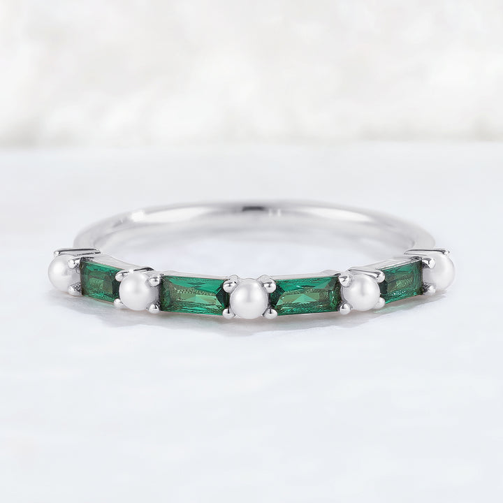 Straight Emerald Cut Emerald Pearl Half Enternity Stacking Ring