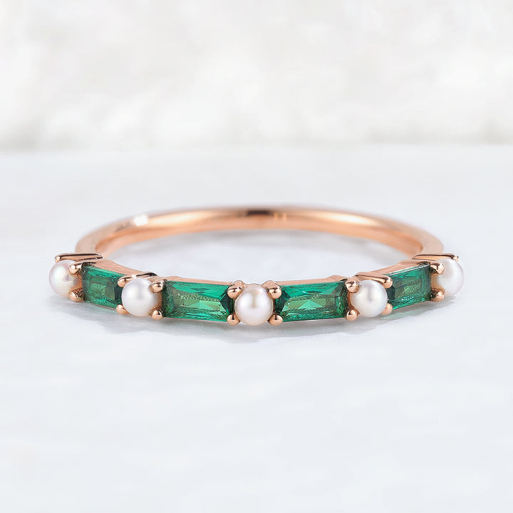 Straight Emerald Cut Emerald Pearl Half Enternity Stacking Ring