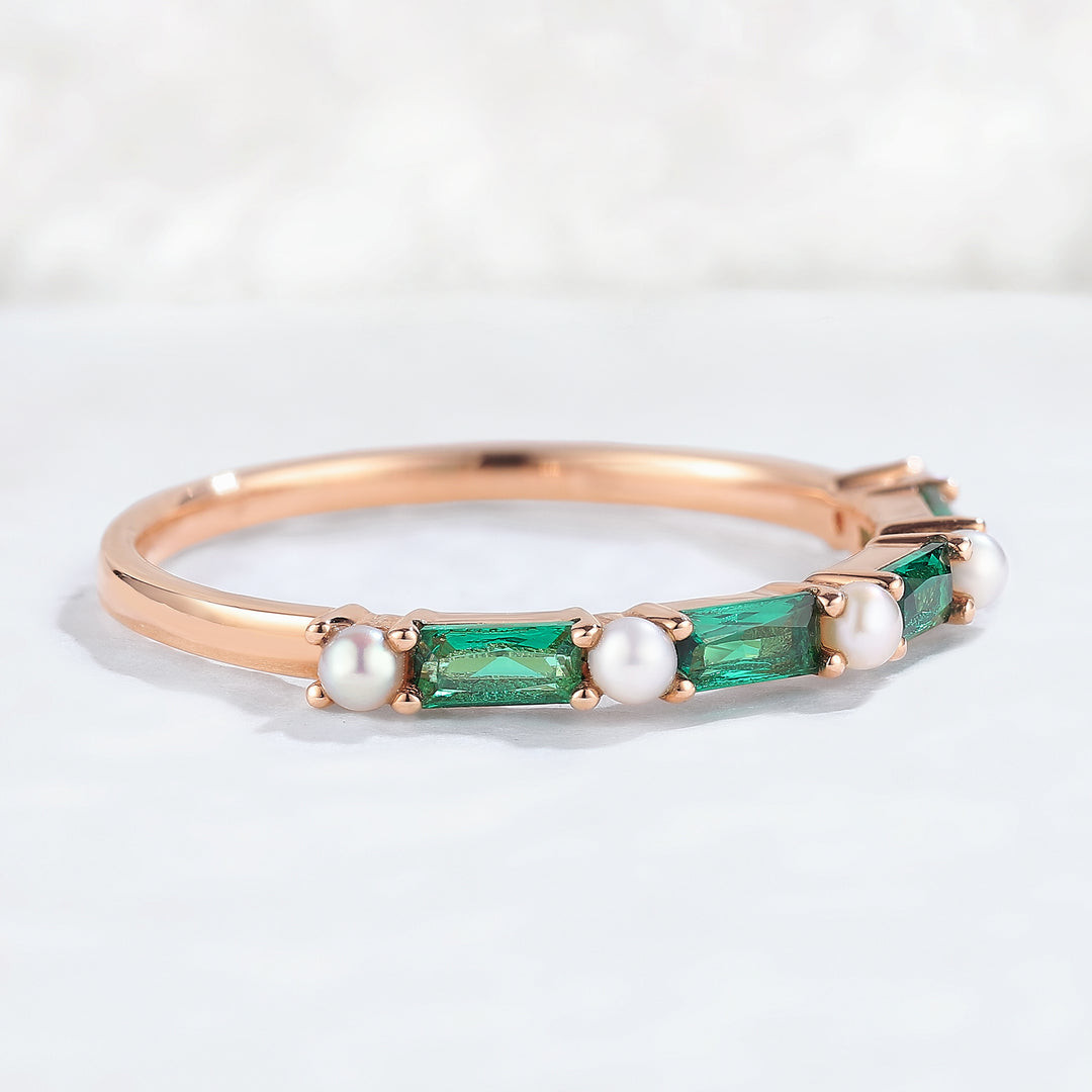 Straight Emerald Cut Emerald Pearl Half Eternity Stacking Ring