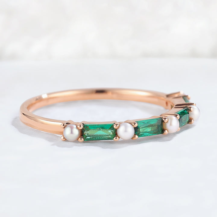 Straight Emerald Cut Emerald Pearl Half Eternity Stacking Ring
