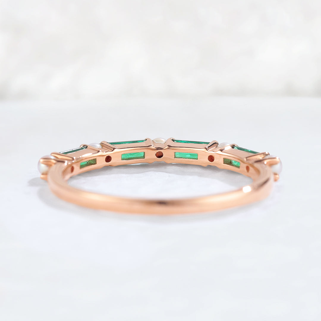 Straight Emerald Cut Emerald Pearl Half Eternity Stacking Ring