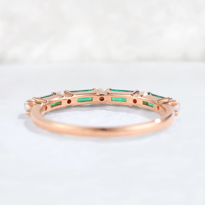 Straight Emerald Cut Emerald Pearl Half Eternity Stacking Ring