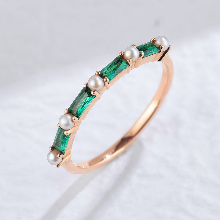 Straight Emerald Cut Emerald Pearl Half Enternity Stacking Ring