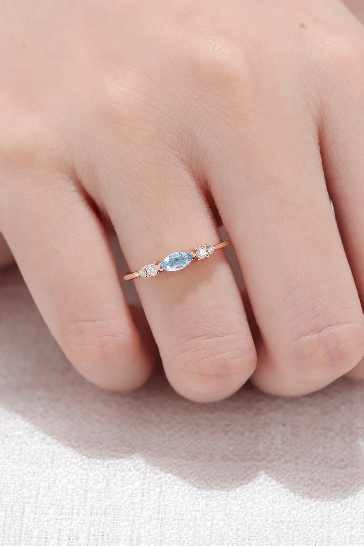 Straight Marquise Cut Aquamarine Three Stones Stacking Ring