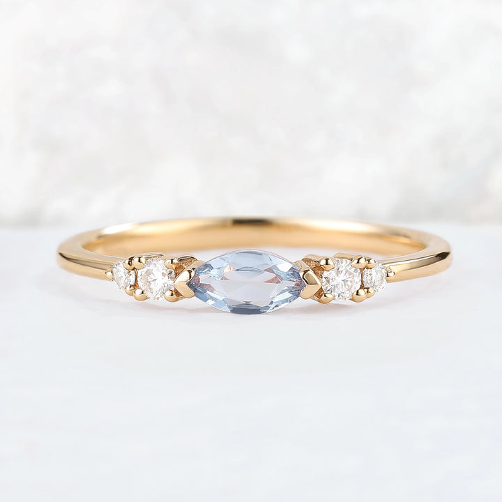 Straight Marquise Cut Aquamarine Three Stones Stacking Ring