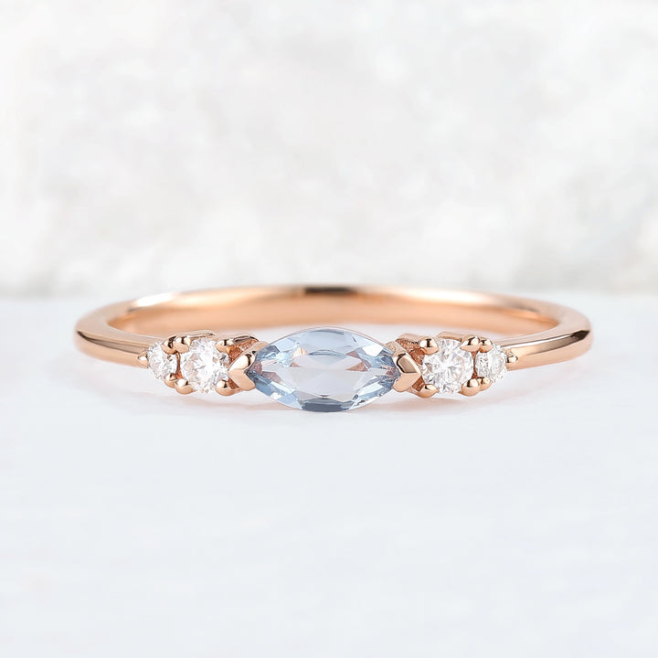 Straight Marquise Cut Aquamarine Three Stones Stacking Ring