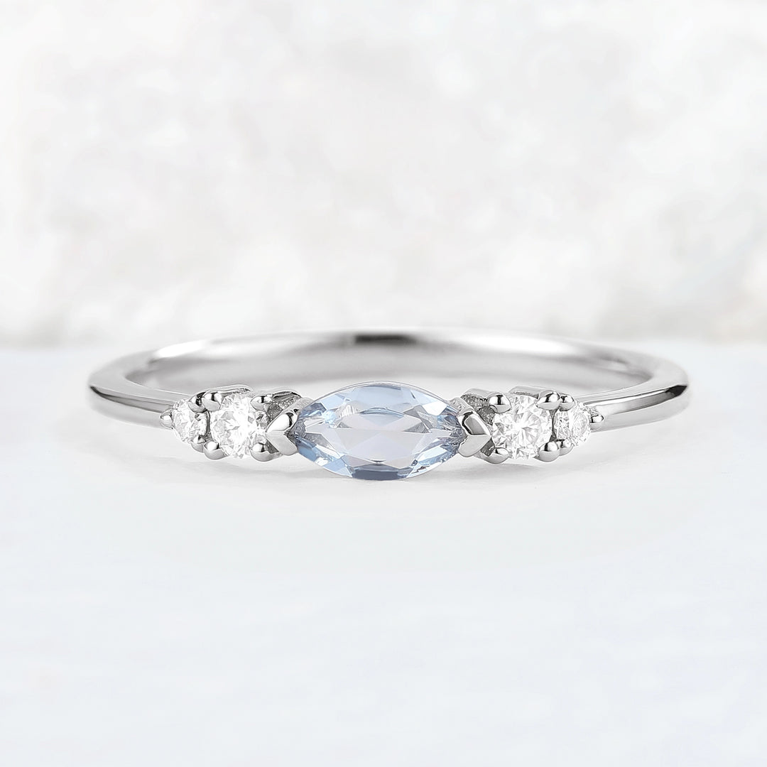 Straight Marquise Cut Aquamarine Three Stones Stacking Ring