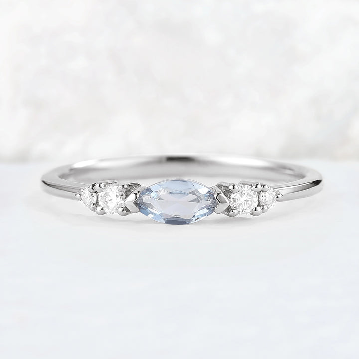 Straight Marquise Cut Aquamarine Three Stones Stacking Ring