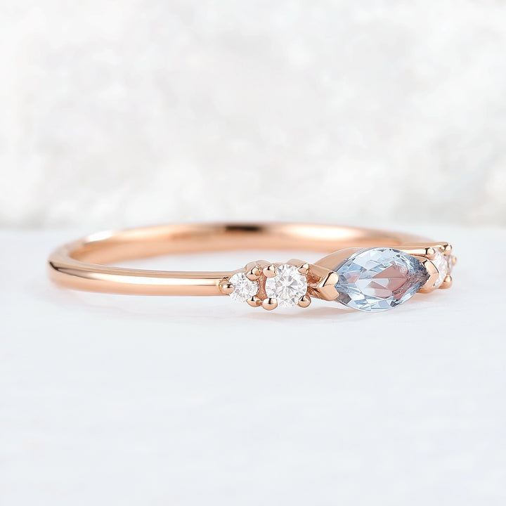 Straight Marquise Cut Aquamarine Three Stones Stacking Ring