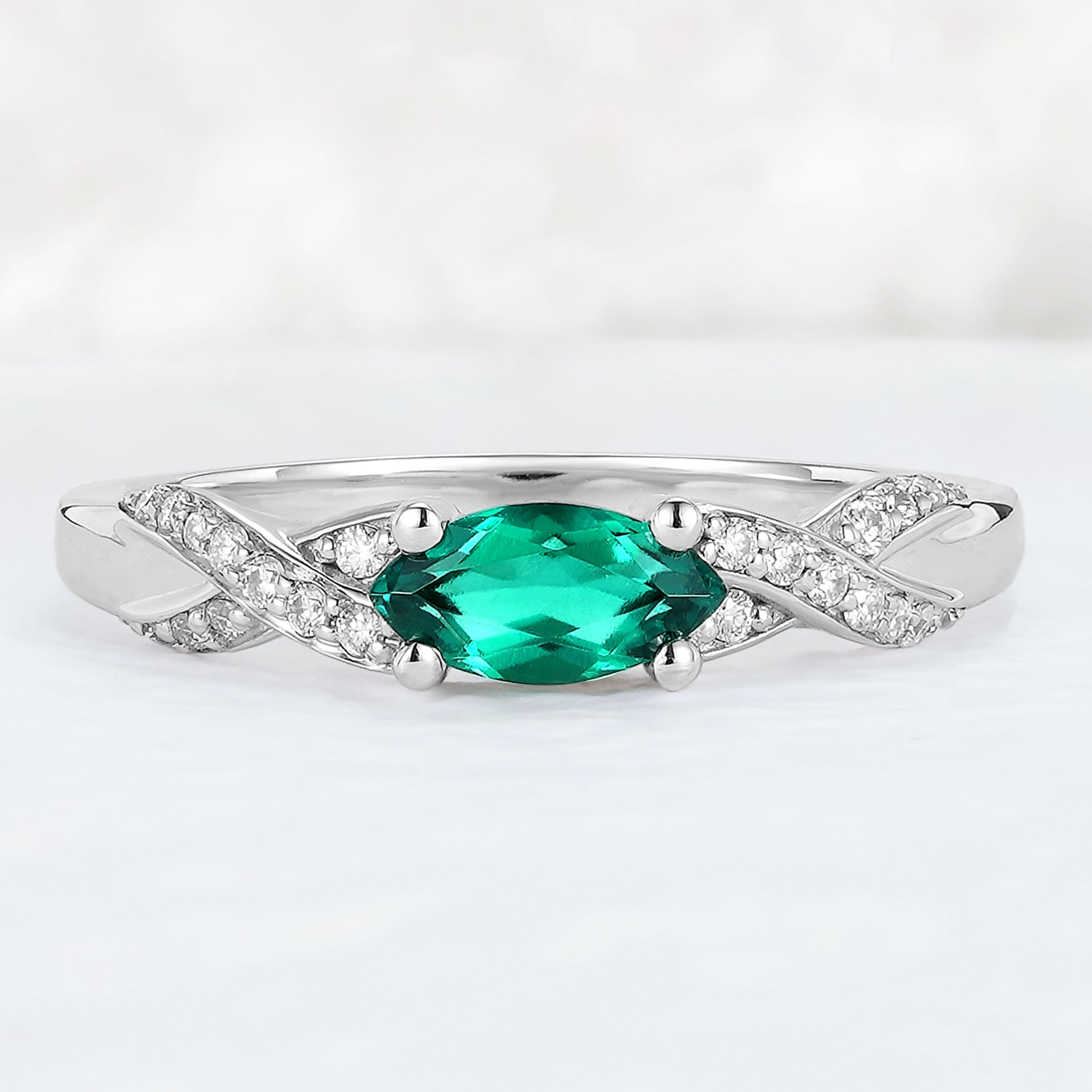 Straight Marquise Cut Emerald and Moissanite Mobius Wedding Band