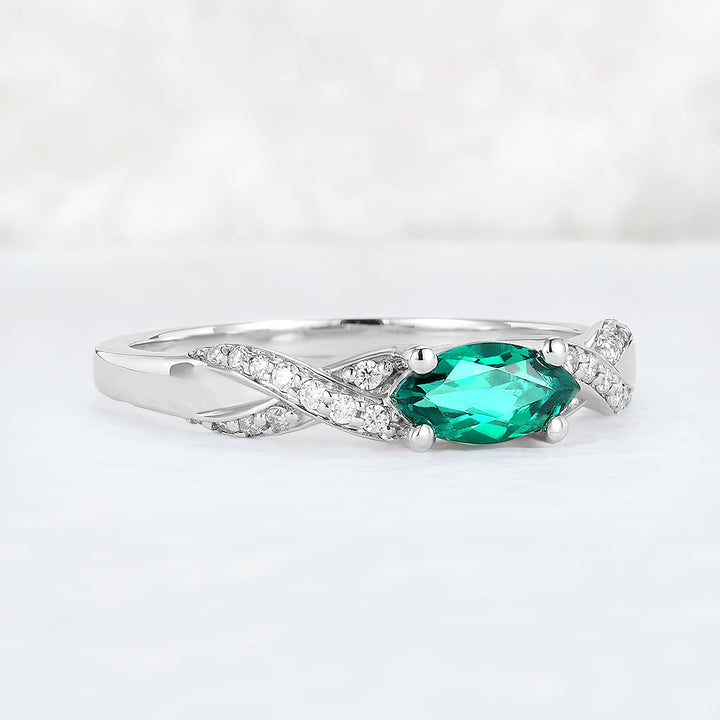 Straight Marquise Cut Emerald and Moissanite Mobius Wedding Band - Iver Jewelry