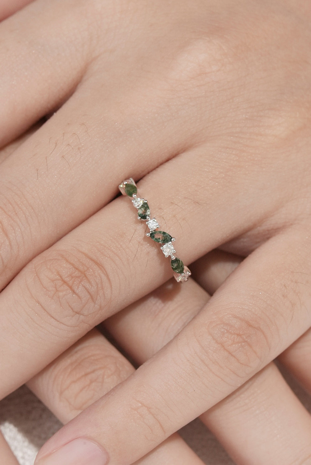 Straight Marquise Moss Agate and Round Moissanite Half Silver Wedding Band-1