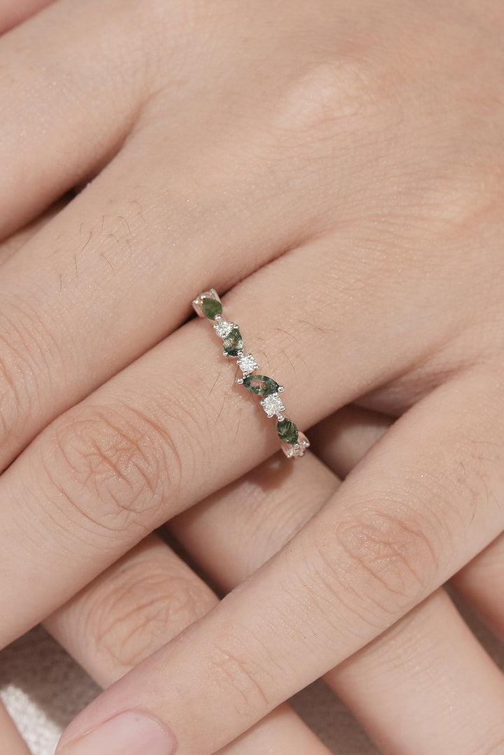 Straight Marquise Moss Agate and Round Moissanite Half Silver Wedding Band-1
