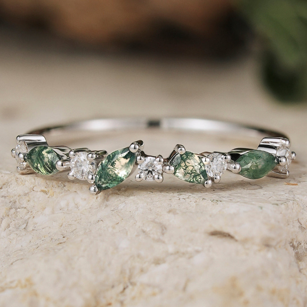 Straight Marquise Moss Agate and Round Moissanite Half Silver Wedding Band