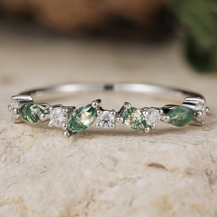 Straight Marquise Moss Agate and Round Moissanite Half Silver Wedding Band