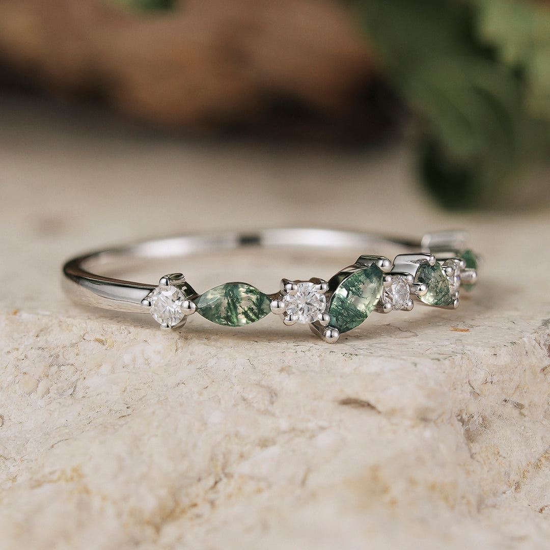 IverJewelry Straight Marquise Shaped Moss Agate Moissanite Half Enternity Wedding Band