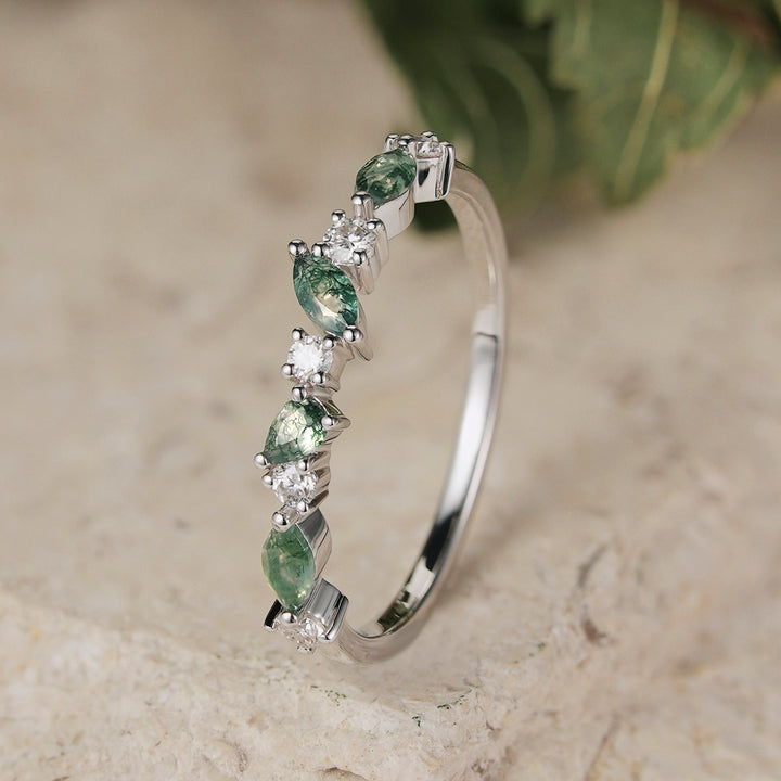 IverJewelry Straight Marquise Shaped Moss Agate Moissanite Half Enternity Wedding Band