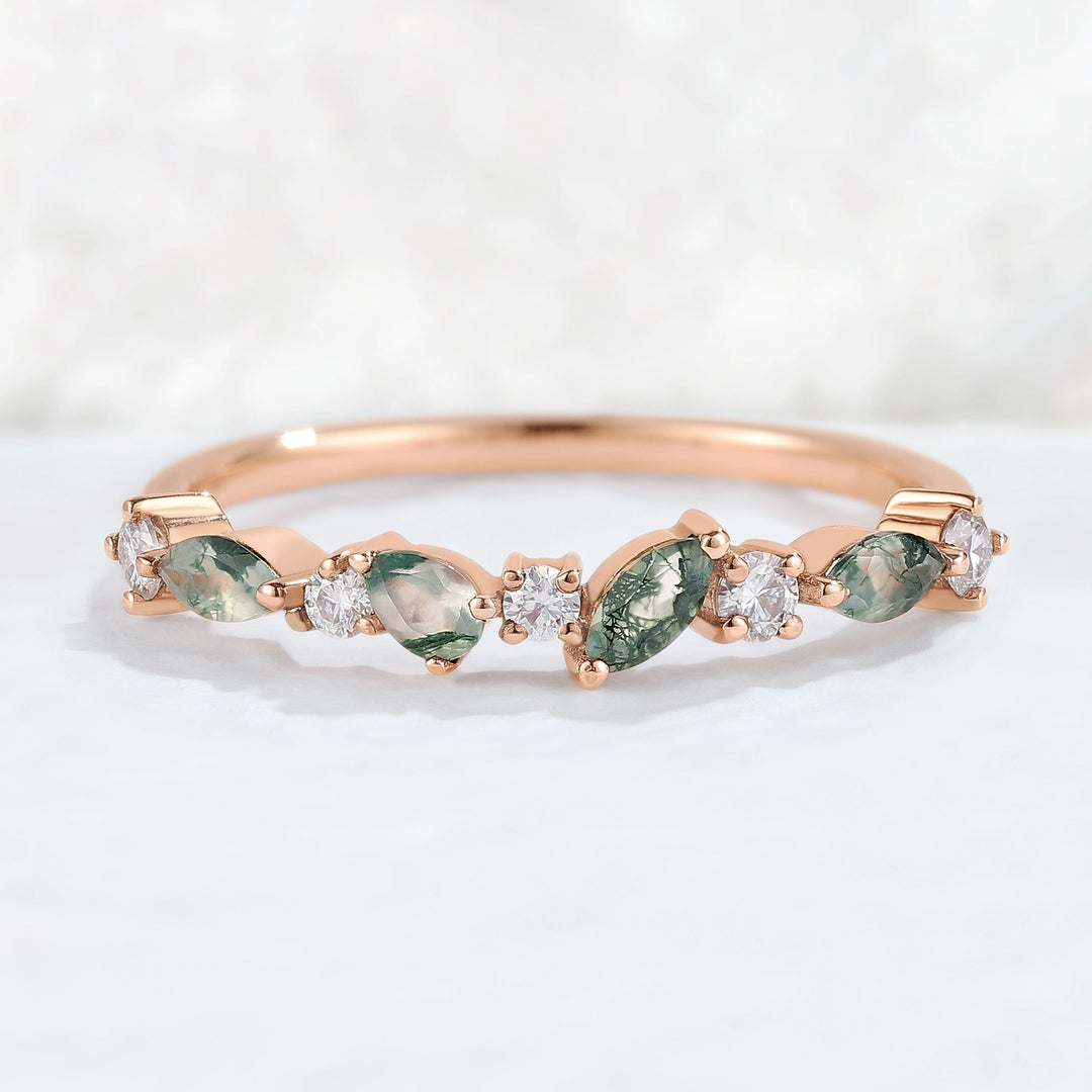 Straight Marquise Shaped Moss Agate Moissanite Half Enternity Stacking Ring