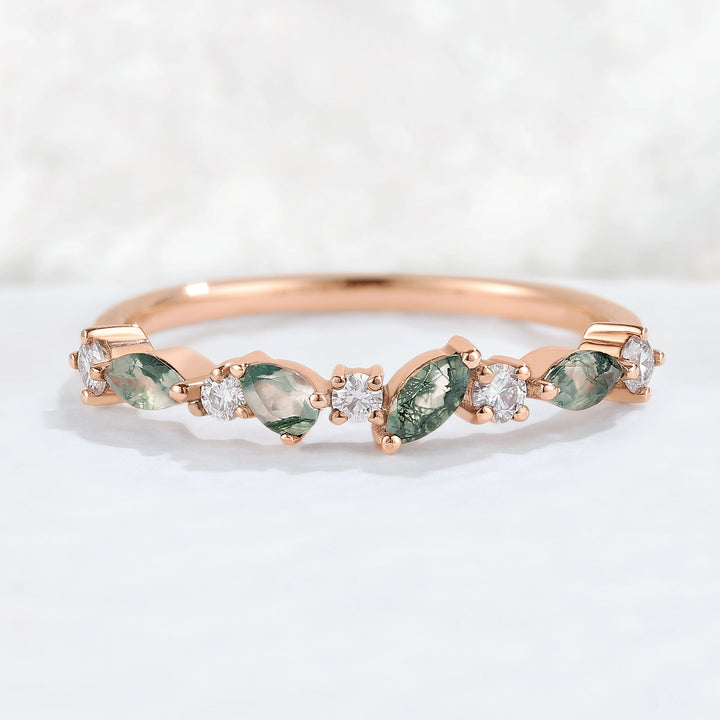 Straight Marquise Shaped Moss Agate Moissanite Half Enternity Stacking Ring