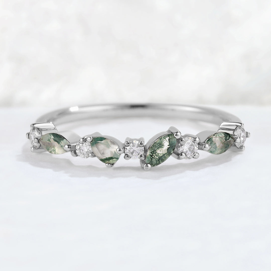 Straight Marquise Shaped Moss Agate Moissanite Half Enternity Stacking Ring