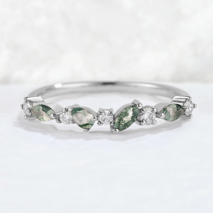 Straight Marquise Shaped Moss Agate Moissanite Half Enternity Stacking Ring
