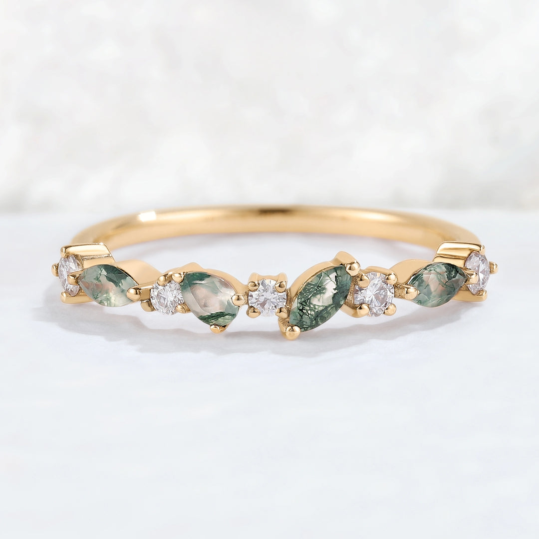 Straight Marquise Shaped Moss Agate Moissanite Half Enternity Stacking Ring