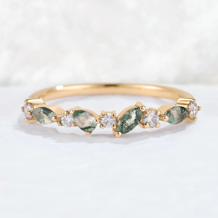 Straight Marquise Shaped Moss Agate Moissanite Half Enternity Stacking Ring