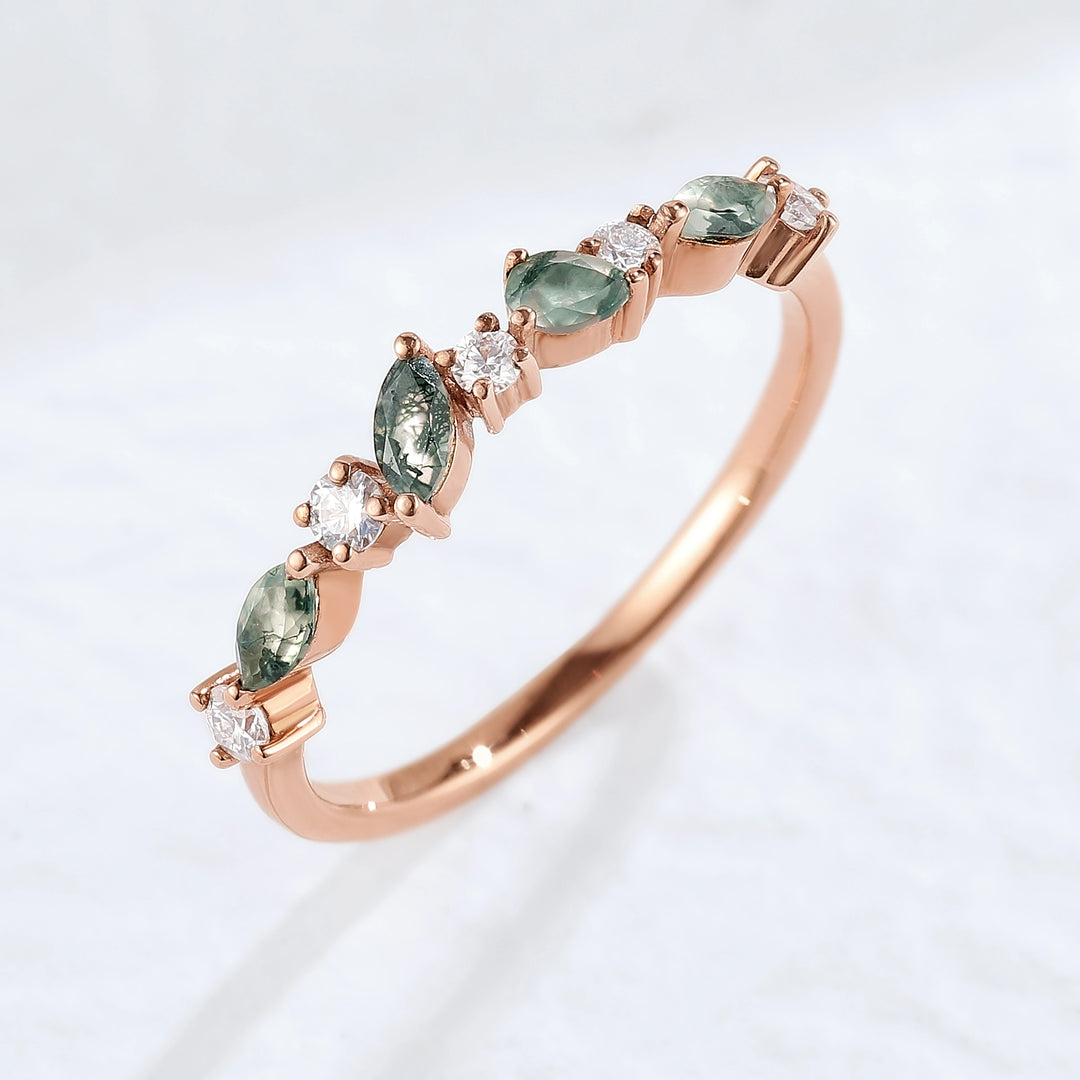 Straight Marquise Shaped Moss Agate Moissanite Half Enternity Stacking Ring