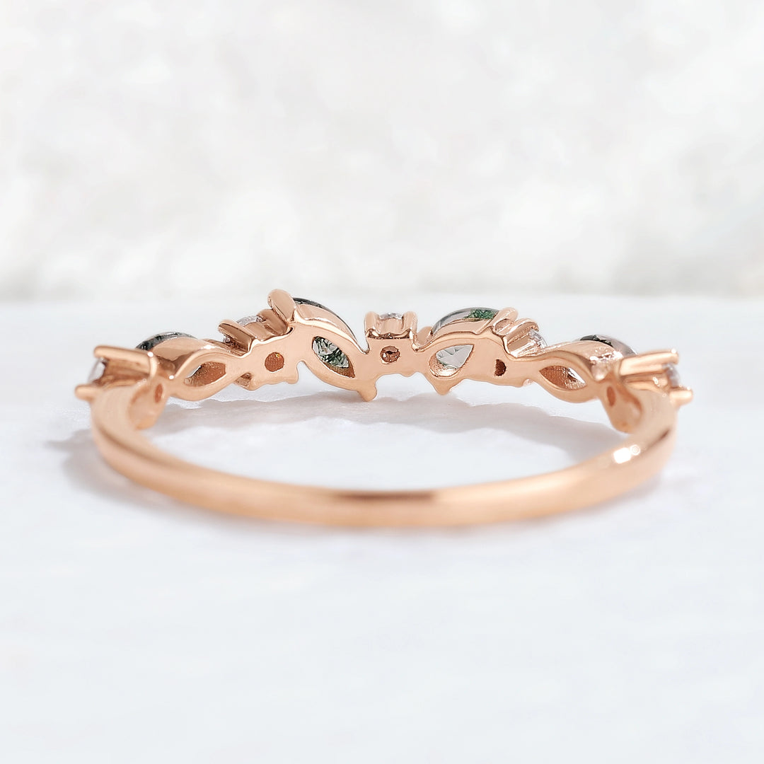 Straight Marquise Shaped Moss Agate Moissanite Half Enternity Stacking Ring