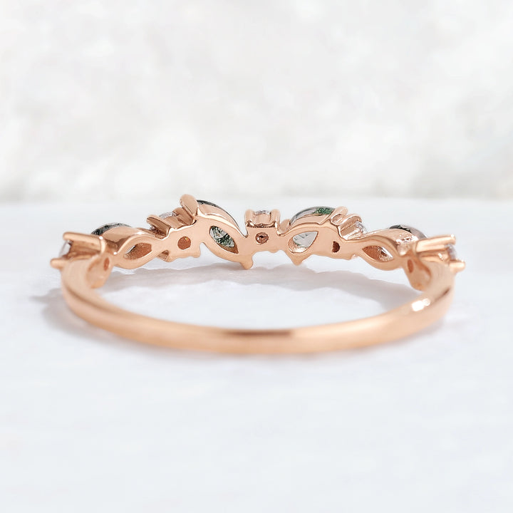 Straight Marquise Shaped Moss Agate Moissanite Half Enternity Stacking Ring