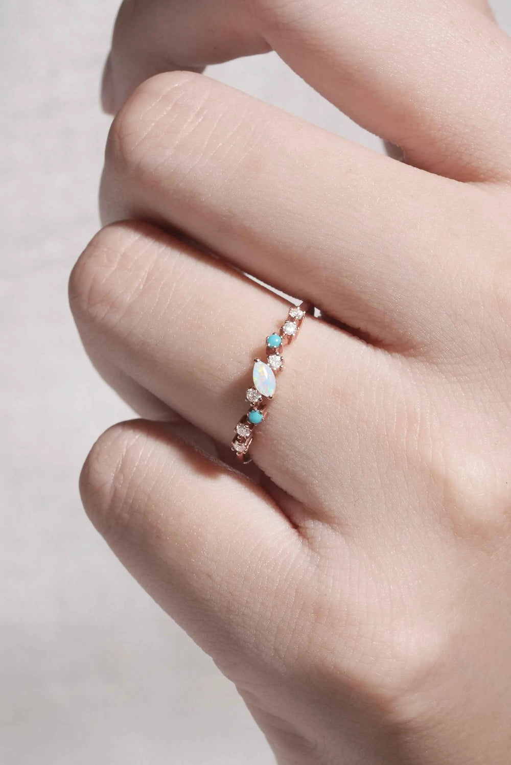 Straight Marquise Shaped Opal Half Enternity Stacking Ring