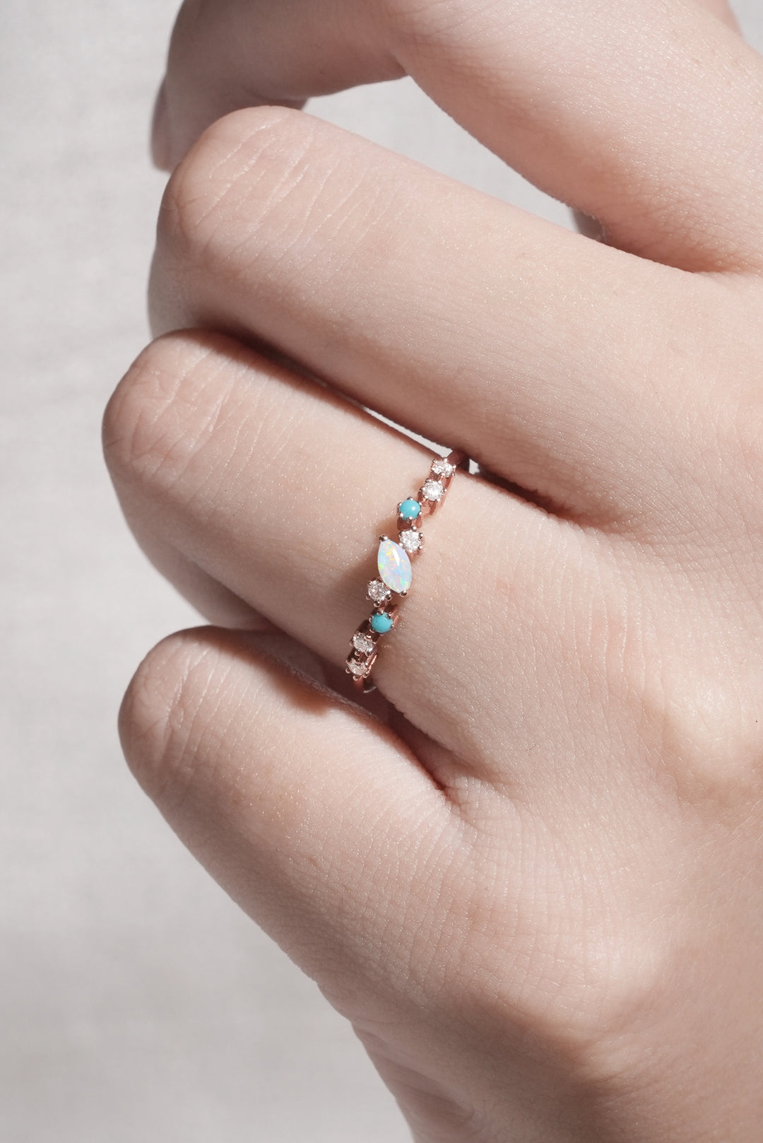 Straight Marquise Shaped Opal Half Enternity Stacking Ring