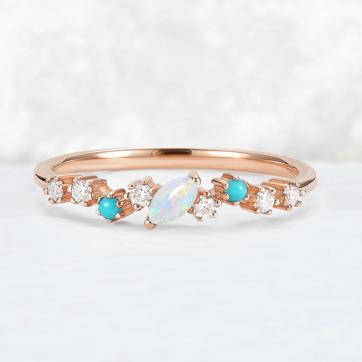 Straight Marquise Shaped Opal Half Enternity Stacking Ring